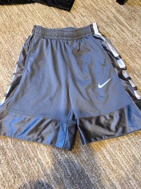 Nike Elite Gray Shorts with White Swoosh and Silver Side Panels
